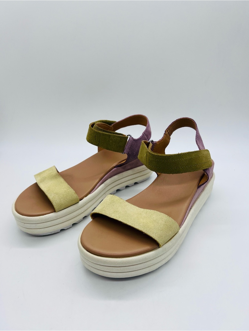 Sorel Cameron Platform Wedge Sport Sandals Olive Green, yellow & Lavender
